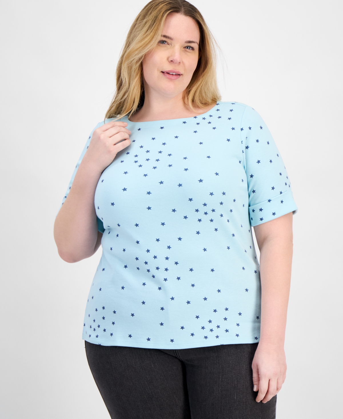 Plus Size Striped Elbow-Sleeve Knit Top, Exclusively at Macy's - Star Water
