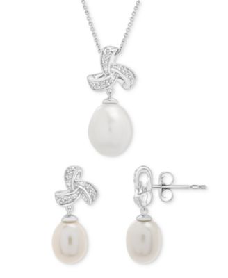 Macy's - Cultured Freshwater Pearl & Diamond (1/10 ct. t.w.) Pendant Necklace & Drop Earrings Set in Sterling Silver