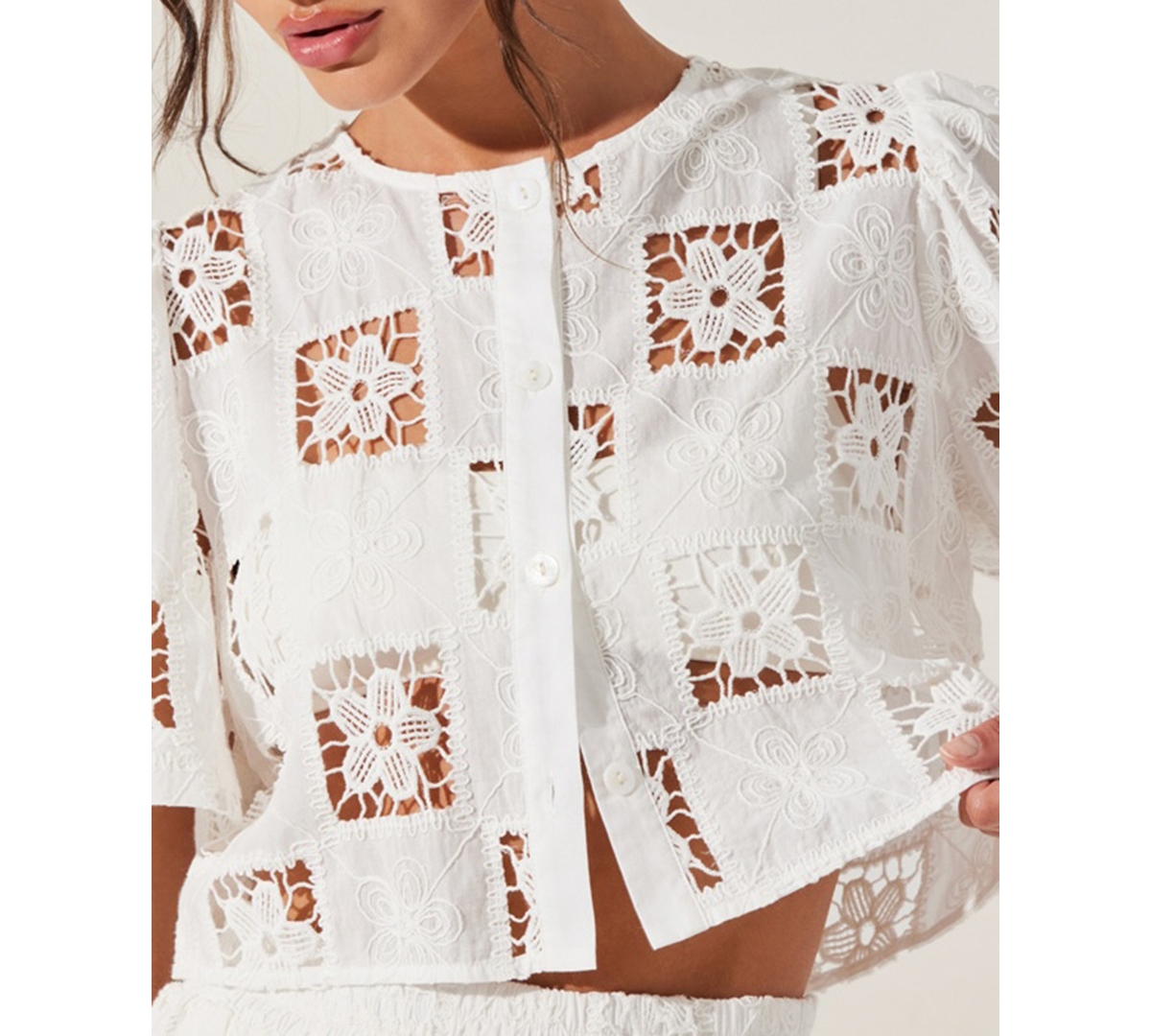 Astr The Label Andolina Floral Lace Button-up Crop Top In White