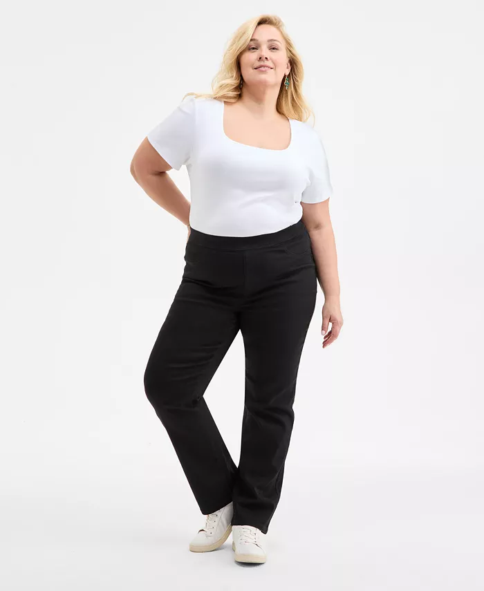 Plus Size Straight-Leg Pull-On Jeans - thumbnail 5