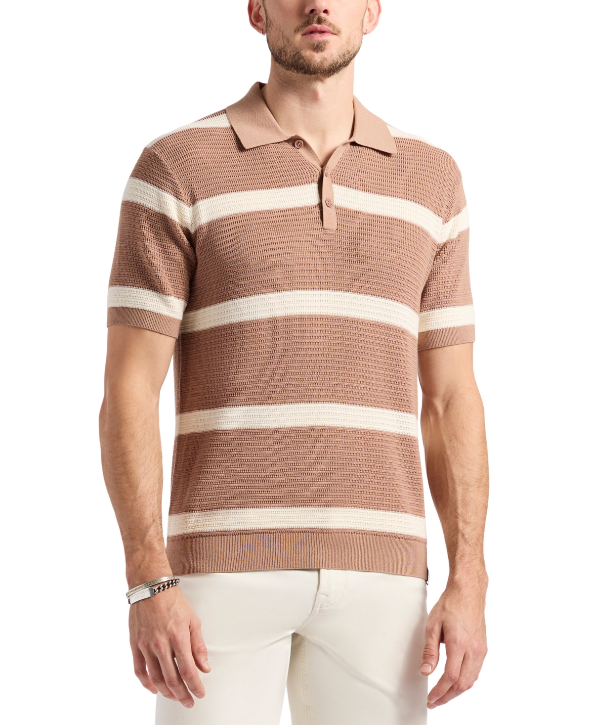 Buffalo David Bitton Men's Winder Short Sleeve Textured Striped Polo Sweater In Brown