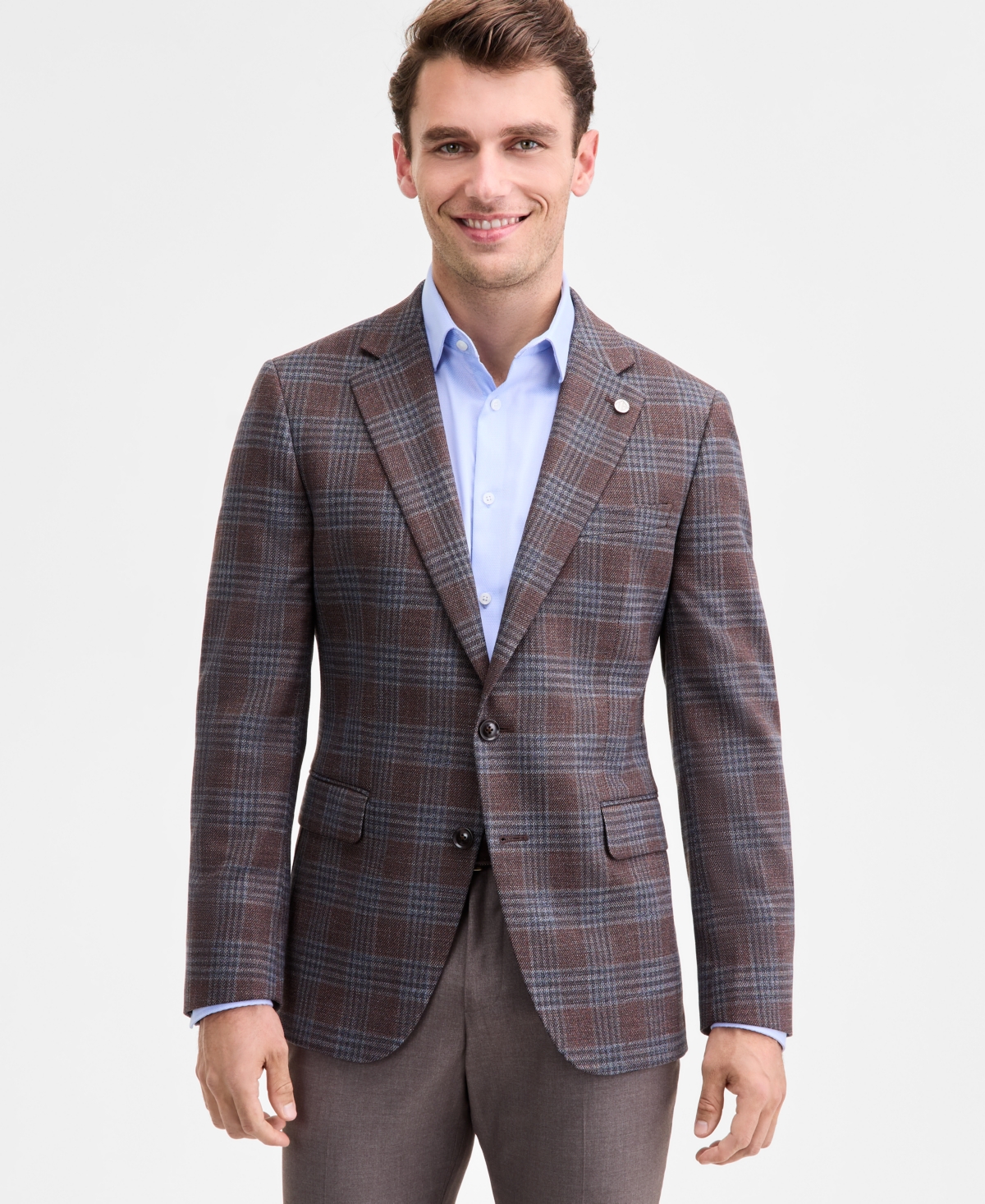 Ted By Ted Baker Men's Modern-fit Brown Blue Plaid Sport Coat