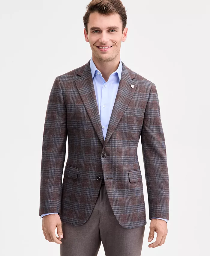Men's Modern-Fit Brown Blue Plaid Sport Coat