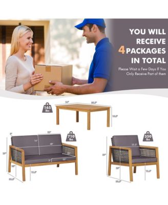 8 Piece Patio Rattan Conversation Set Acacia Wood Furniture Set PE w/ Cushions