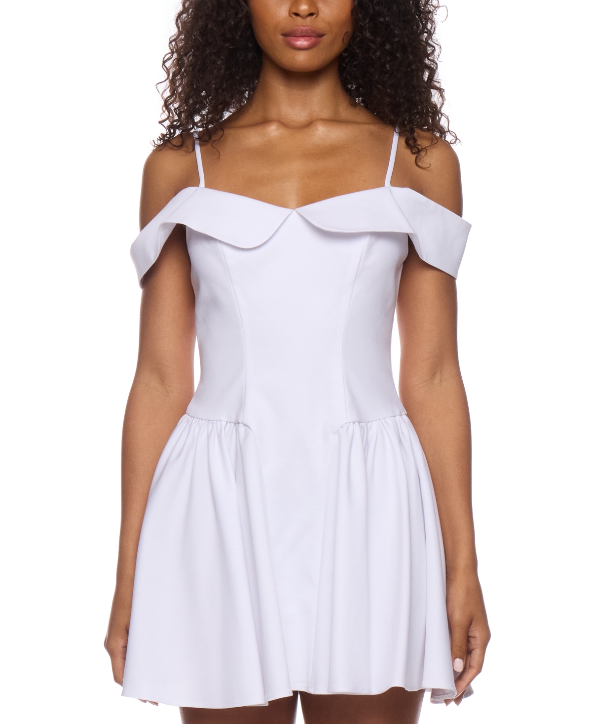 Juniors' Sweetheart Spaghetti-Strap Cold-Shoulder Twill Fit & Flare Dress - White