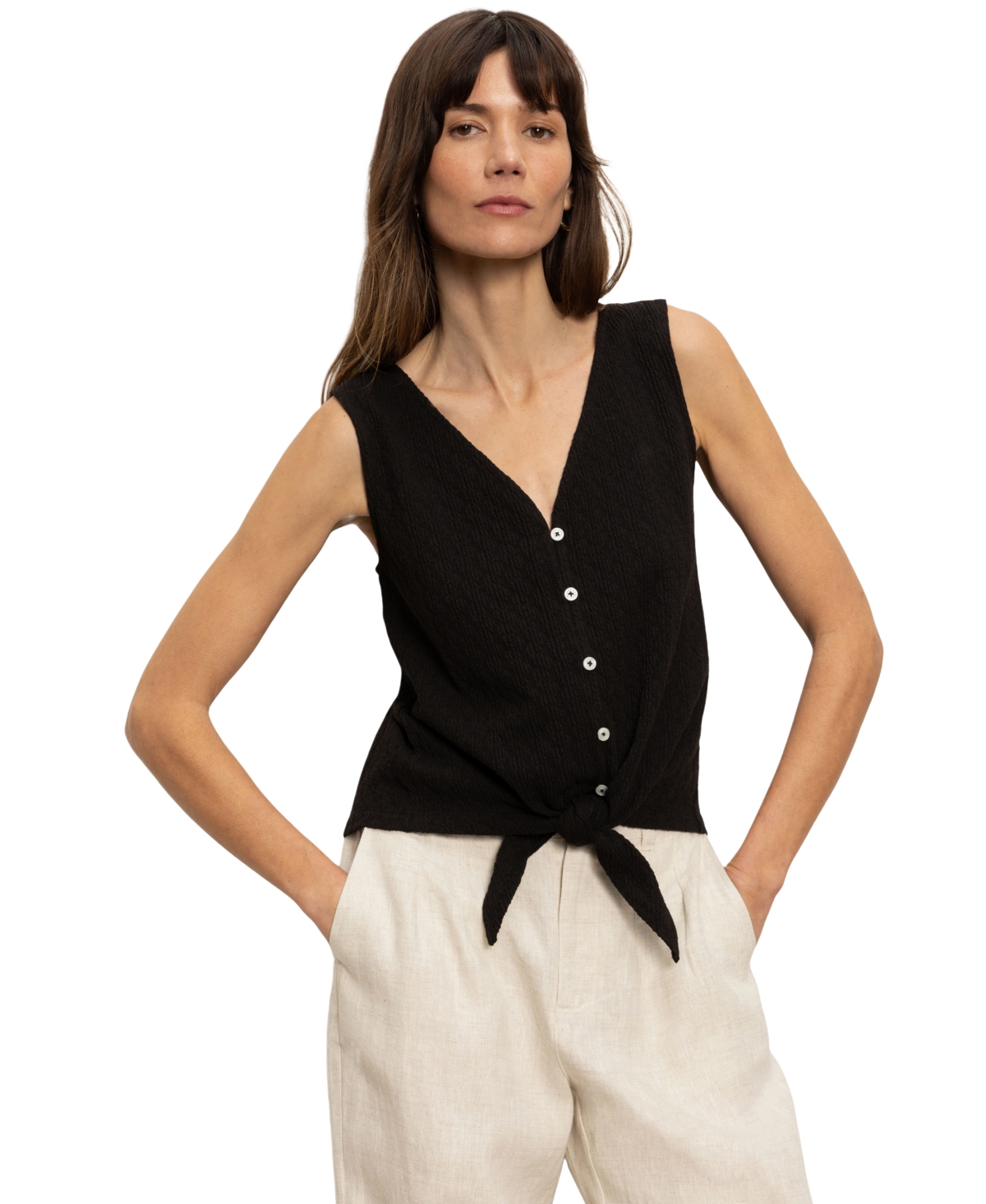 Sanctuary Vacation Textured Tie Front Button-up Tank In Black