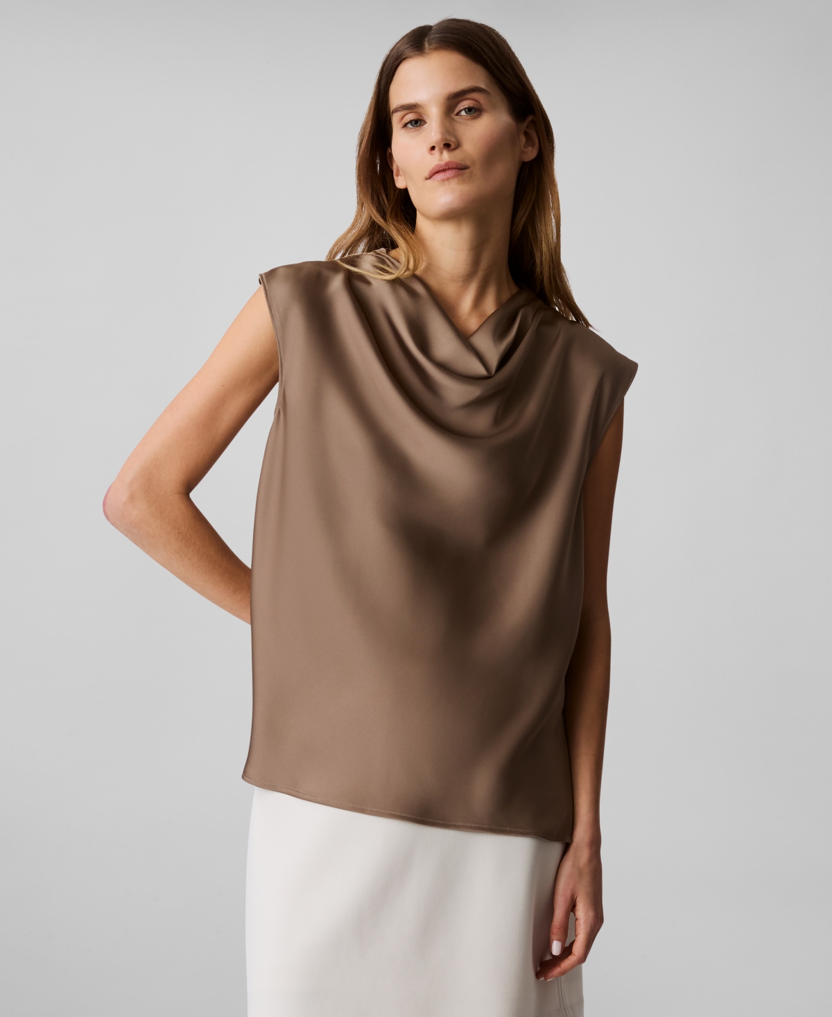 Calvin Klein Women's Cap-sleeve Satin Cowlneck Blouse In Fossil