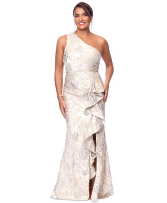 XSCAPE - Petite One-Shoulder Metallic Jacquard Gown