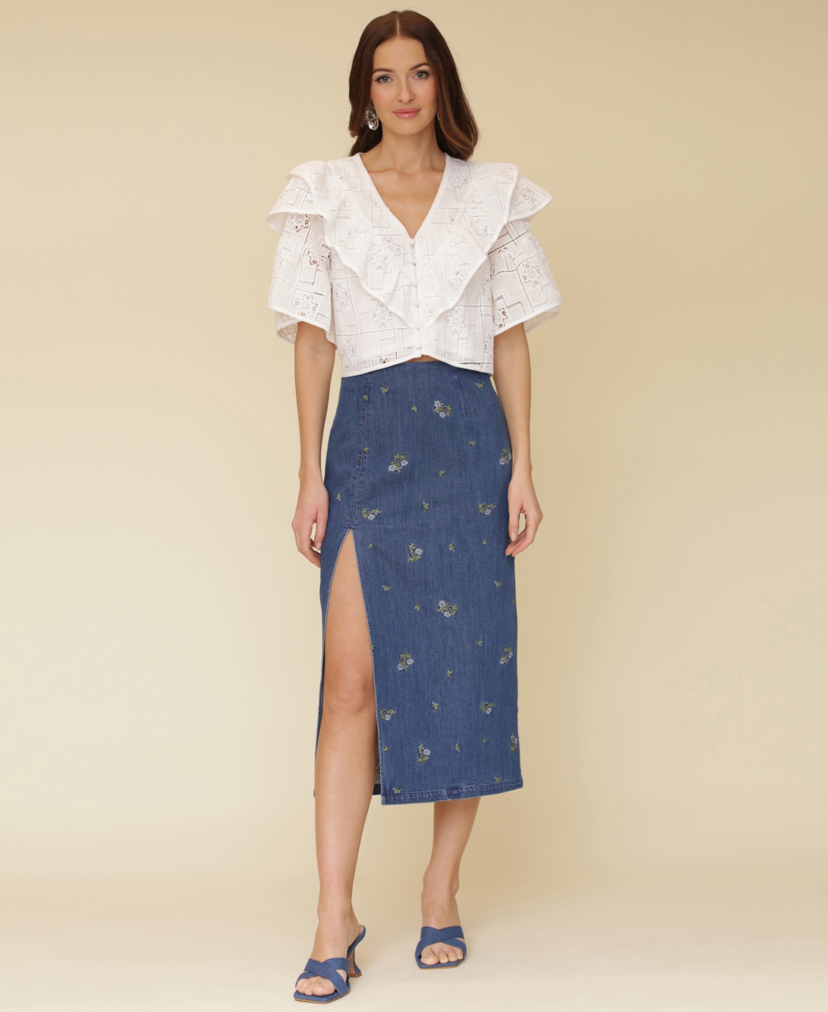 Shop Avec Les Filles Women's Embroidered Denim Midi Skirt In Kauri Wash With Ditsy Floral