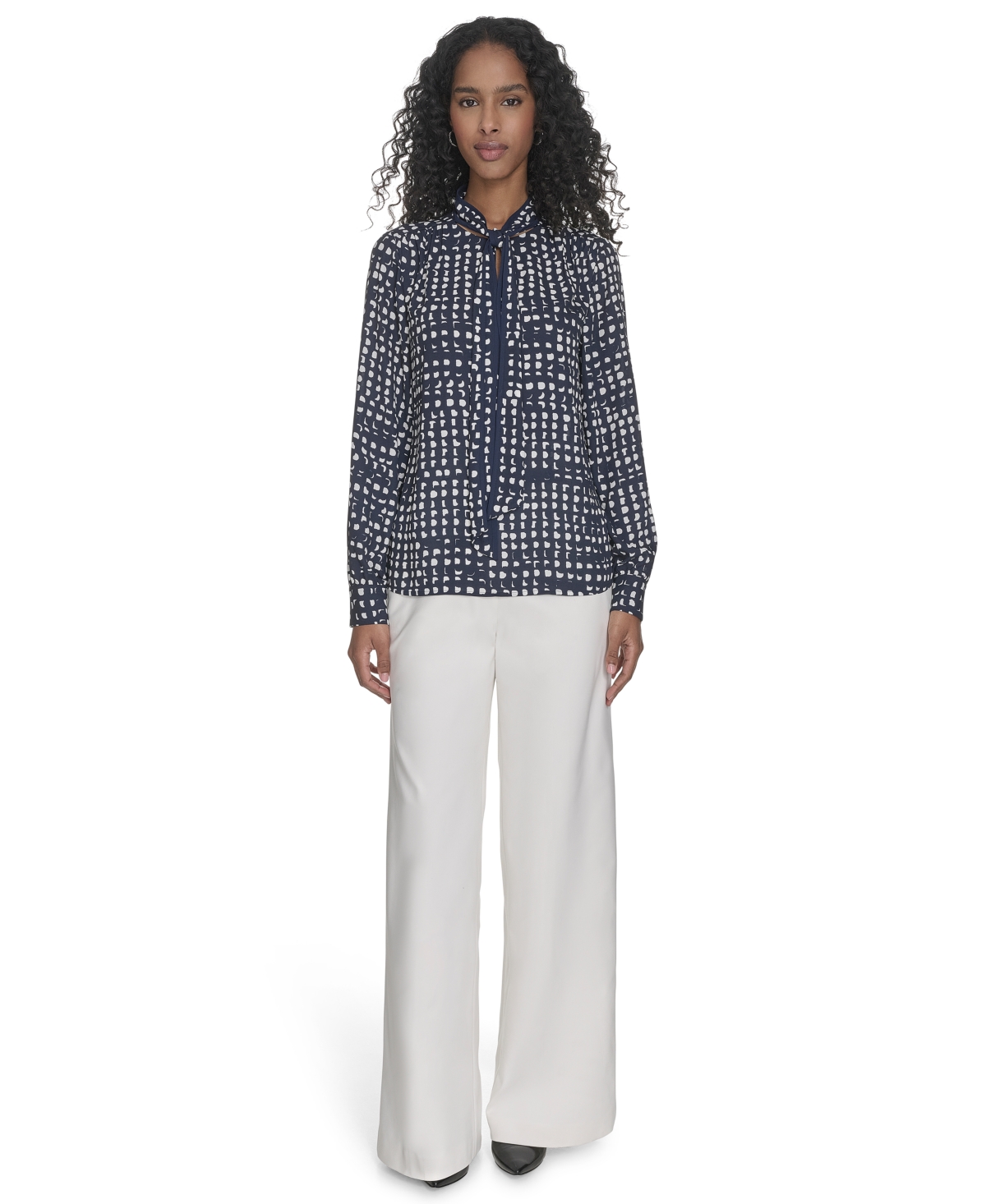 Calvin Klein Women's Printed Tie-neck Blouse In Navy,cream
