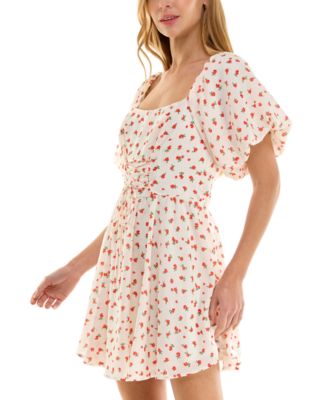 Juniors' Printed Lace-Up Bubble-Sleeve Skater Dress