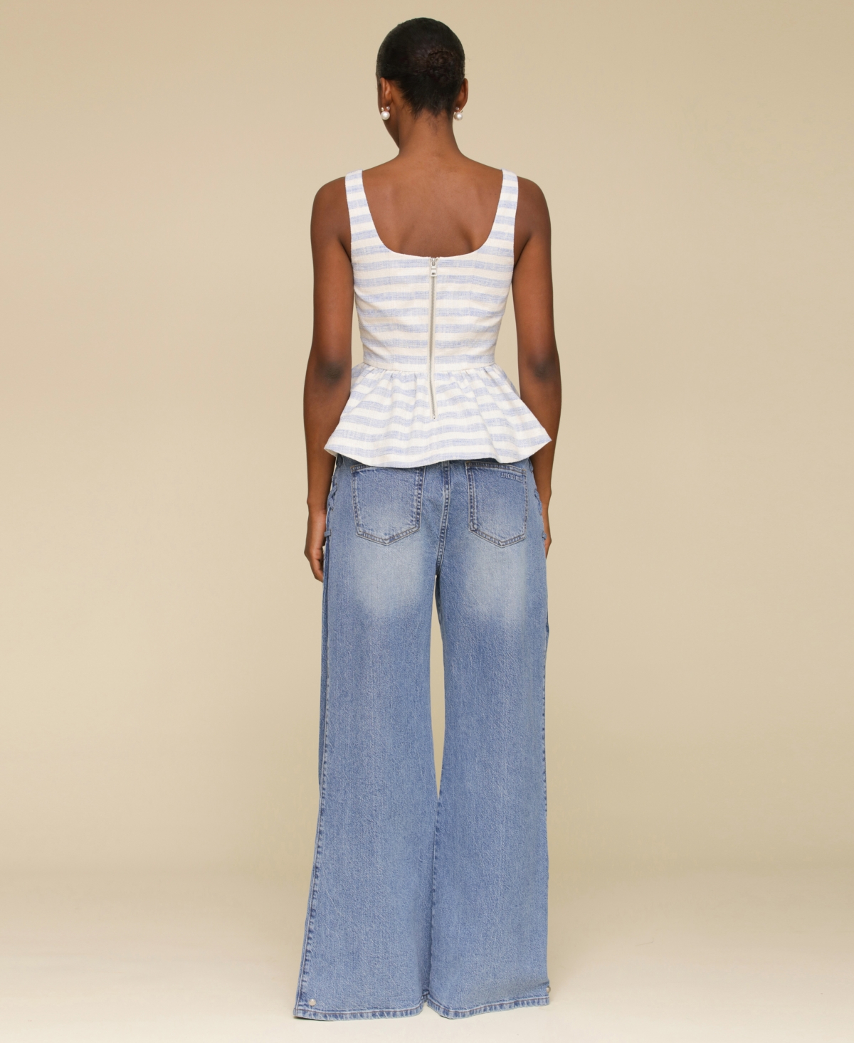 Avec Les Filles Stripe Peplum Cotton Blend Top In Blue,cream