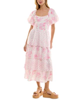 Crystal Doll - Juniors' Floral-Print Bubble-Sleeve Smocked-Back Tiered Dress