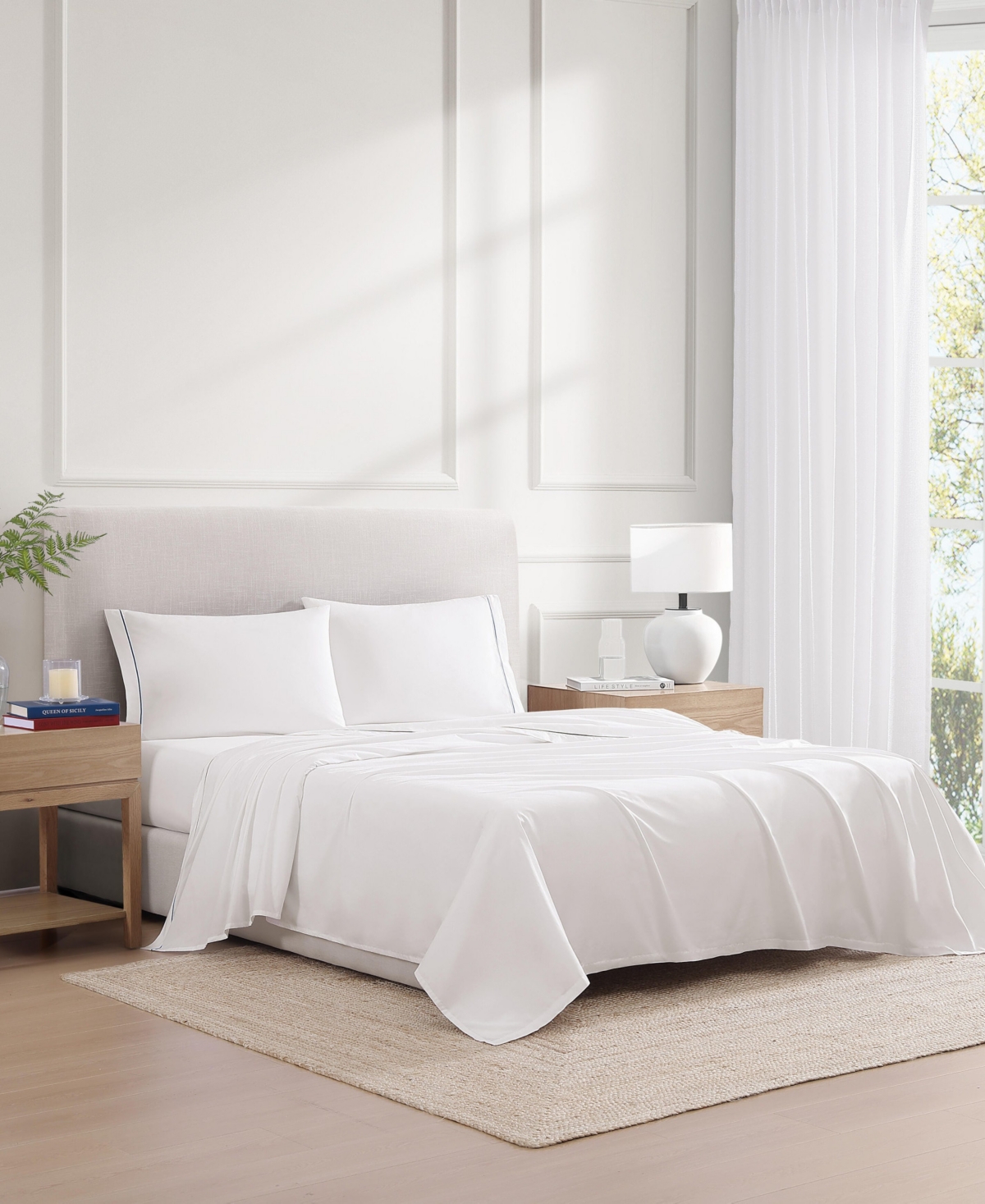 TOMMY HILFIGER SOLID 200-THREAD COUNT HEM STRIPE COTTON PERCALE 3-PC. SHEET SET, TWIN 