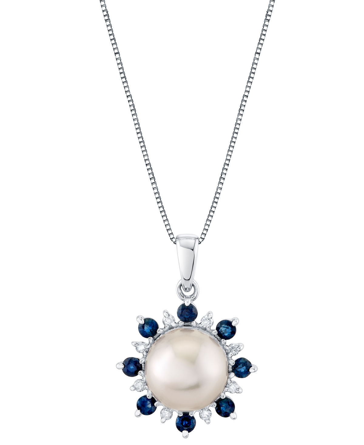 MACY'S CULTURED FRESHWATER PEARL (9MM), BLUE SAPPHIRE (5/8 CT. T.W.) & DIAMOND 18" PENDANT NECKLACE IN 14K  