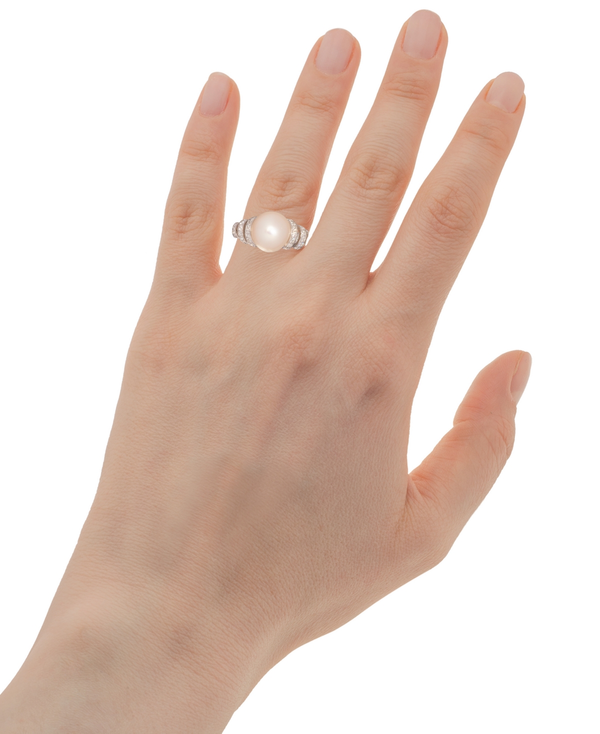 MACY'S CULTURED FRESHWATER PEARL (10MM) & CUBIC ZIRCONIA SWIRL COIL RING IN STERLING SILVER 