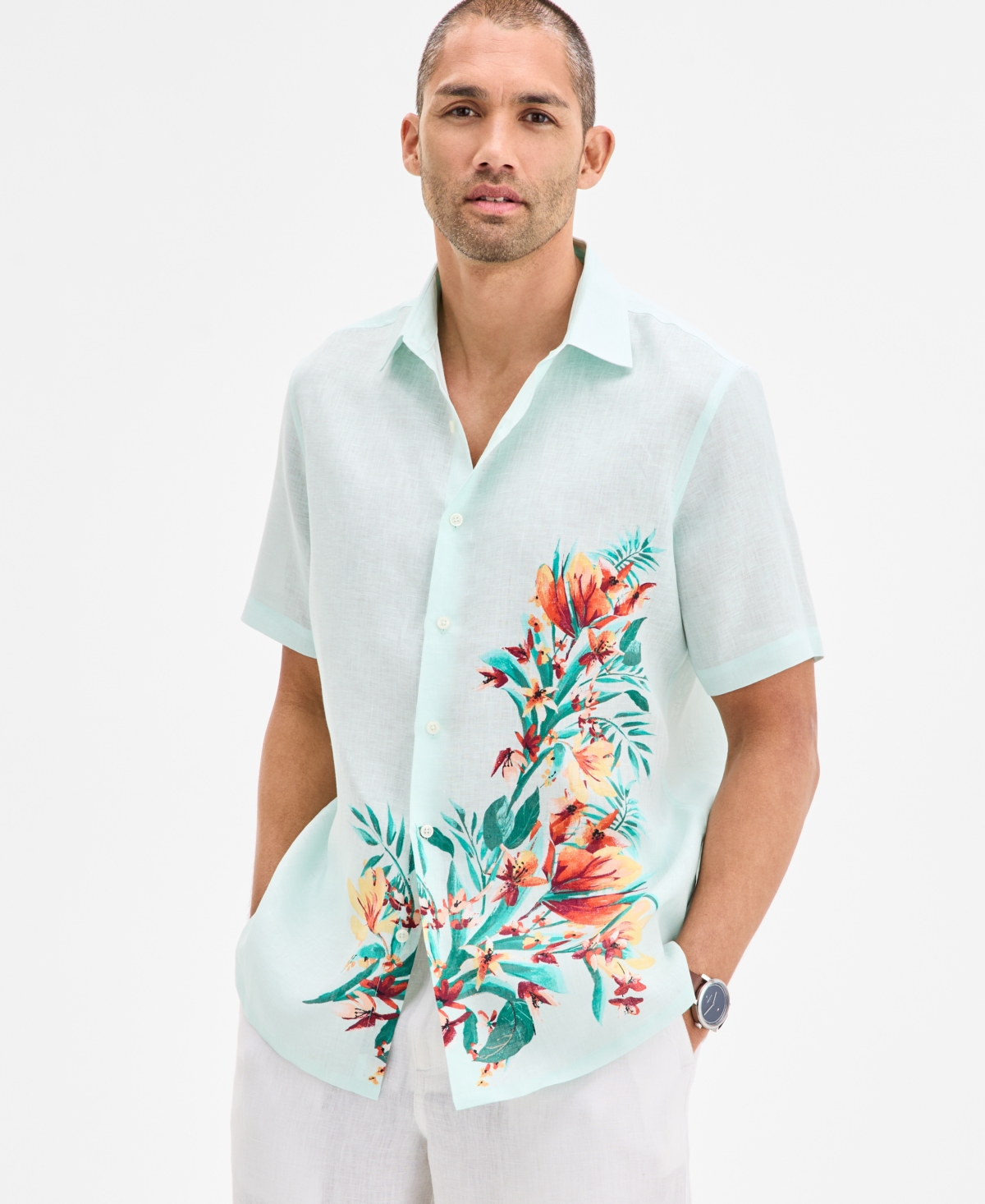 Club Room Men's Tropic Short Sleeved Floral Print Button-front Linen Shirt, Exclusively At Macy's