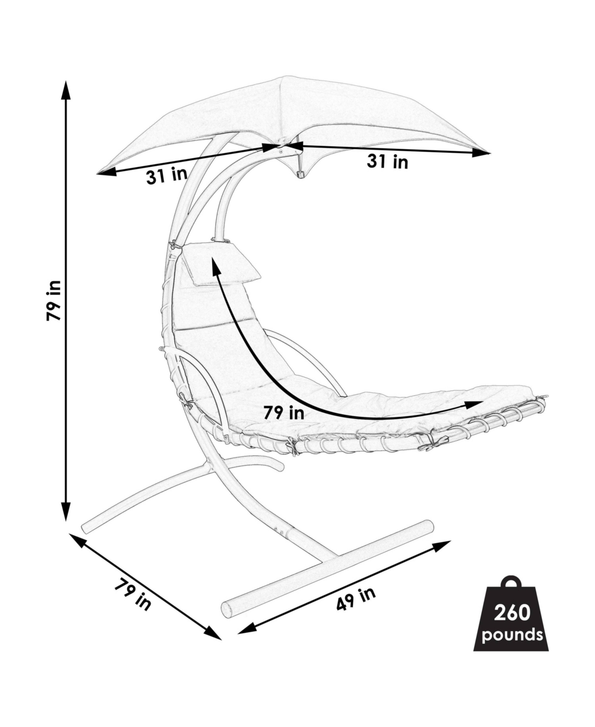 Outdoor Hanging Chaise Floating Lounge Chair with Canopy Umbrella and Arc Stand