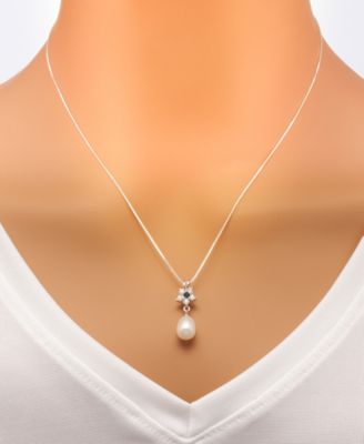Baroque Cultured Freshwater Pearl (9x7mm), Sapphire (1/3 ct. t.w.) & Cubic Zirconia Flower Pendant Necklace & Drop Earrings Set in Sterling Silver