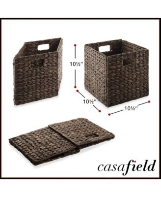 10.5" x 10.5" Water Hyacinth Storage Baskets, Espresso - Set of 6 Collapsible Cube Organizers, Woven Bins for Bathroom, Bedroom, Laundry, Pantry, Shelves