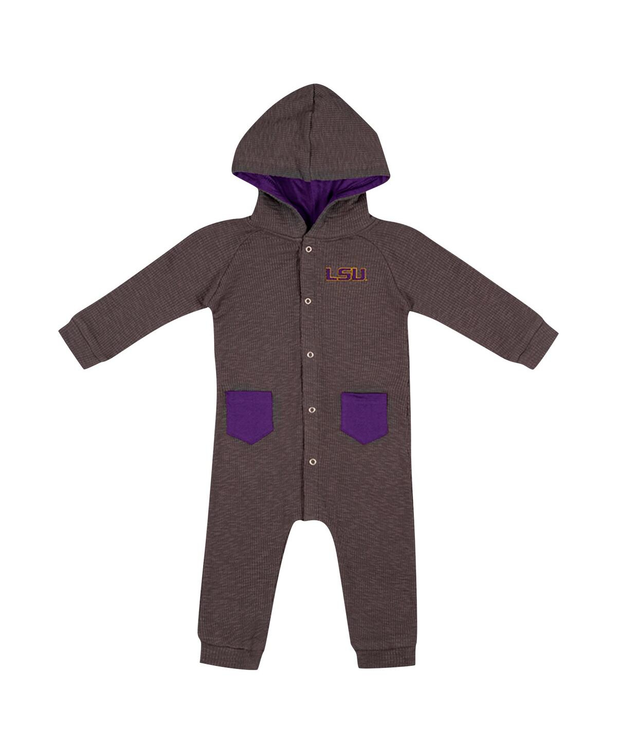 Colosseum Baby Boys And Girls Charcoal Lsu Tigers Zando-zan Waffle Full-snap Hooded Romper In Charcoal
