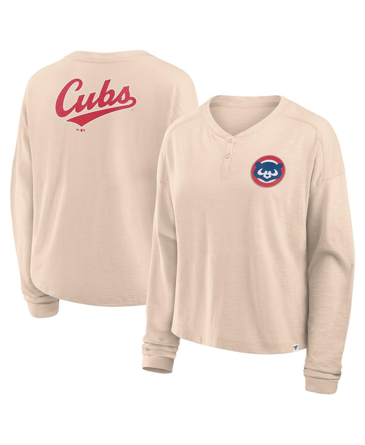 FANATICS WOMEN'S TAN CHICAGO CUBS OVERSIZED STADIUM SLUB HENLEY T-SHIRT 