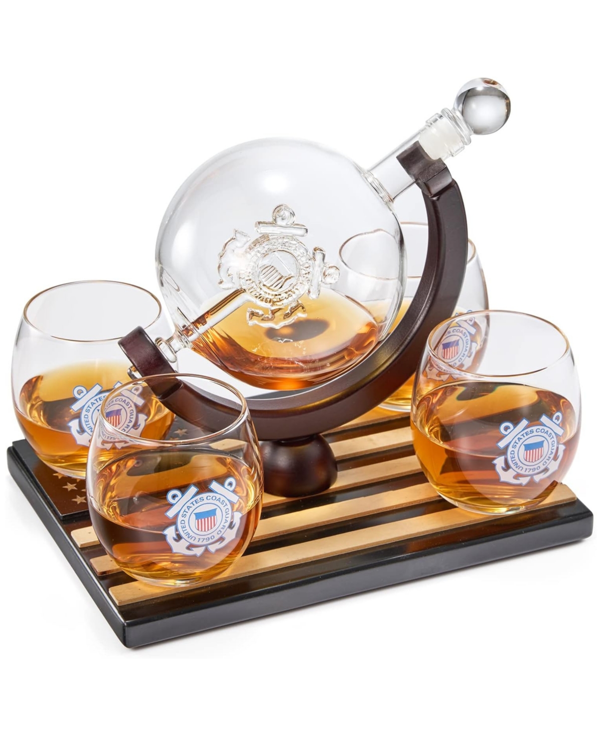 The Wine Savant U.s. Coast Guard Globe Whiskey Decanter Set In Clear
