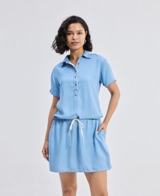 Women's Drawstring Denim Shirt Dress with Front Buttons in Blue