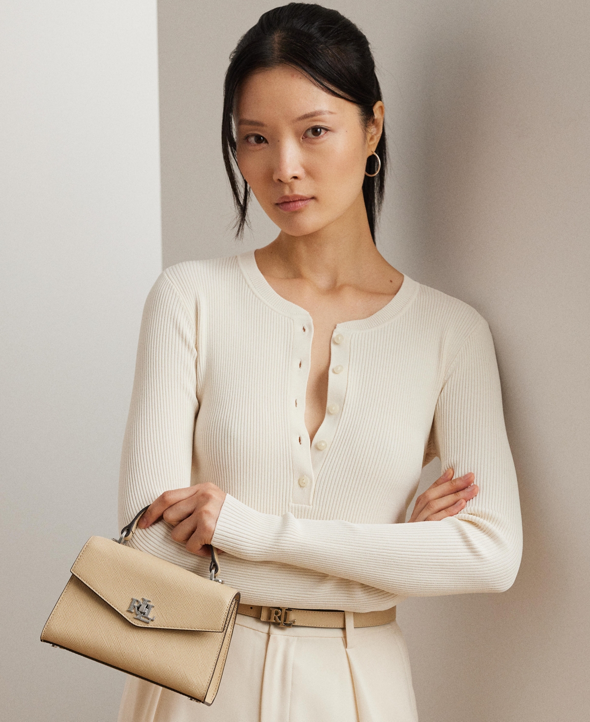 Ralph Lauren Farrah Crosshatch Leather Satchel In Sand Dune