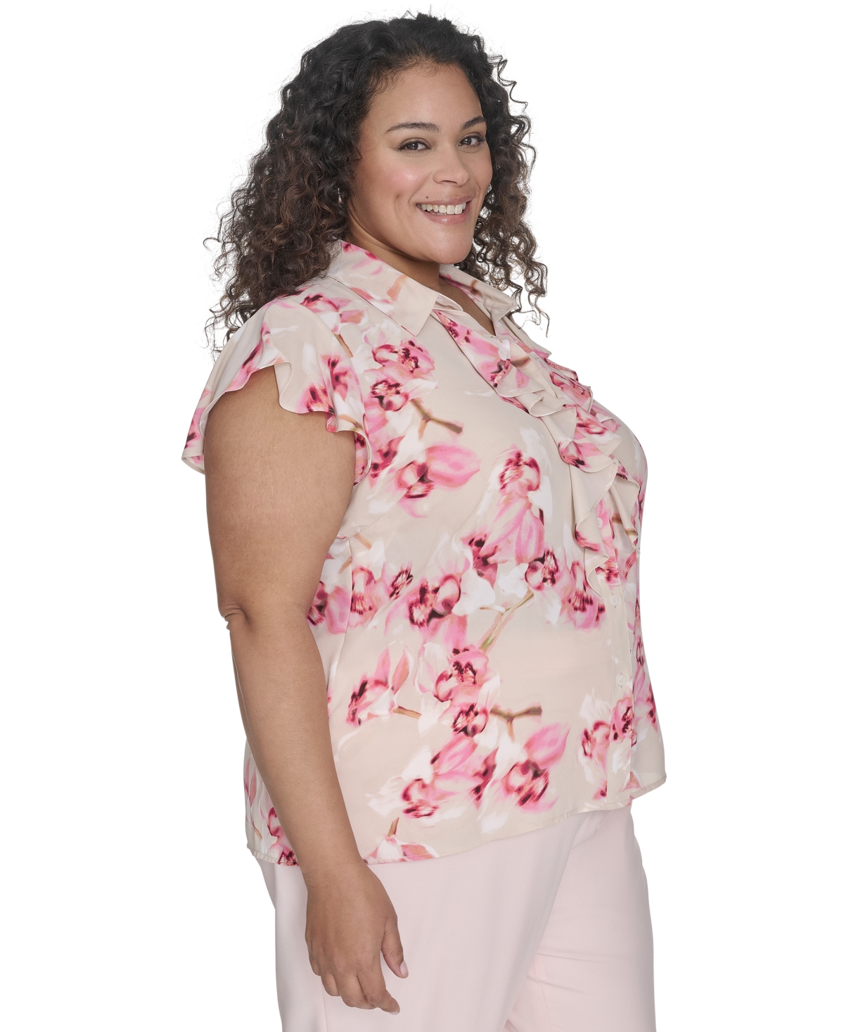 CALVIN KLEIN PLUS SIZE FLORAL RUFFLE-FRONT BLOUSE 