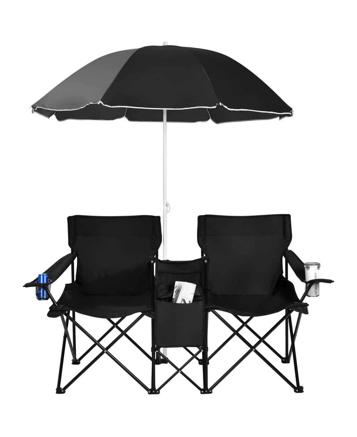 Portable Folding Picnic Double Chair With Umbrella - Black
