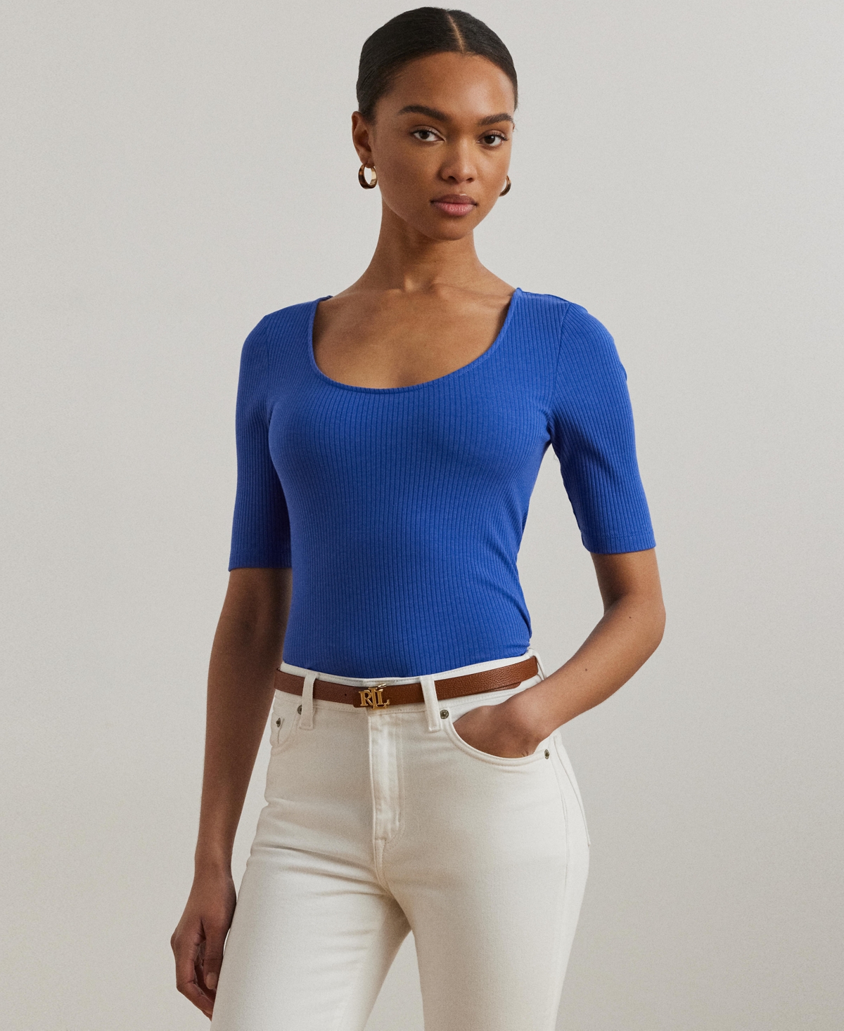 Women's Rib-Knit Cotton-Blend Elbow-Sleeve Tee - Purple Dawn