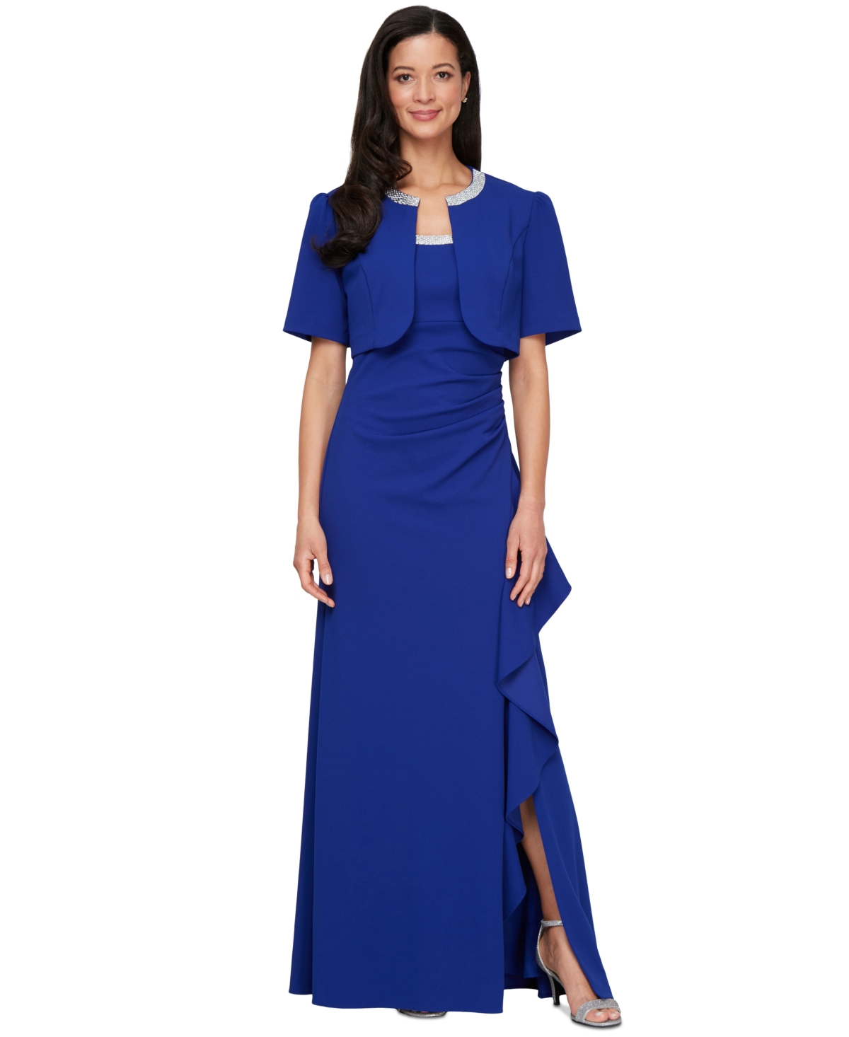 Petite Embellished Ruffle-Trim Bolero Jacket & Dress - Royal