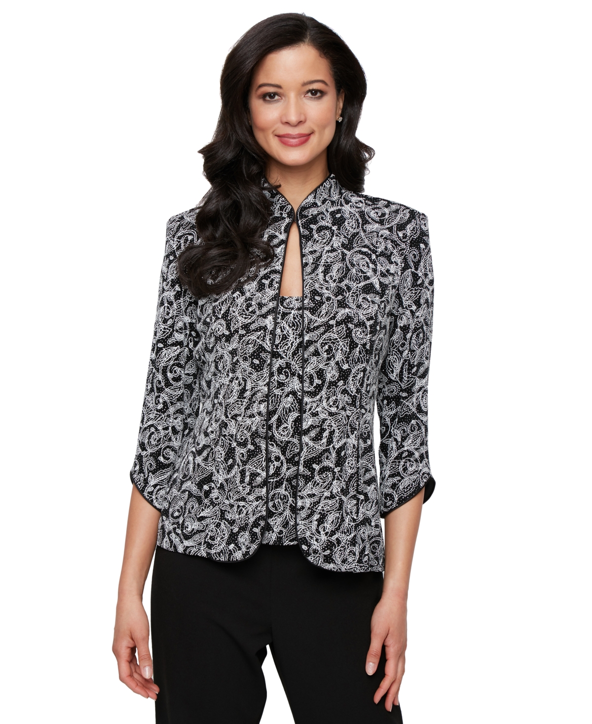 Petite Mandarin-Collar Jacket & Top Set - Black/White