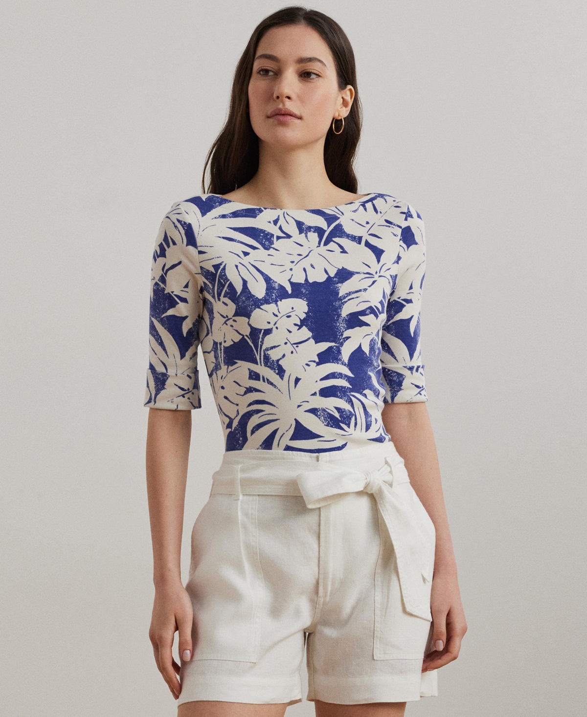Women's Palm-Frond-Print Cotton Boatneck Tee - Blue white
