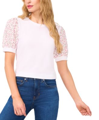 CeCe - Women's Puff-Sleeve Mixed-Media Top