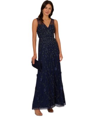 Adrianna Papell Women's V-Neck Beaded Sleeveless Gown - Light Navy - 4