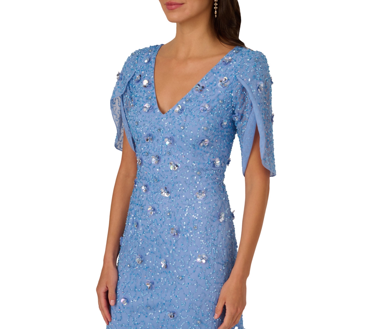 Shop Adrianna Papell Women's V-neck Petal-sleeve Beaded Gown In Bluebell