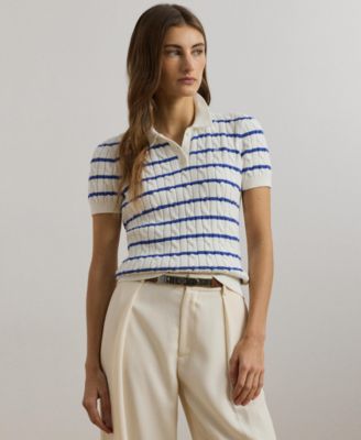 Womens Striped Cable Knit Cotton Polo Sweater P Xs 3x