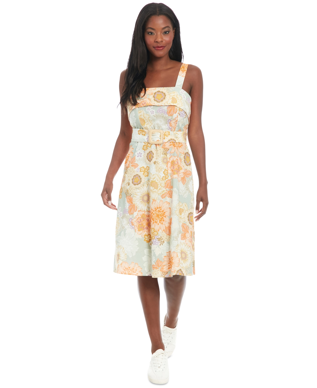 Women's Printed Belted Sleeveless Midi Dress - Floral