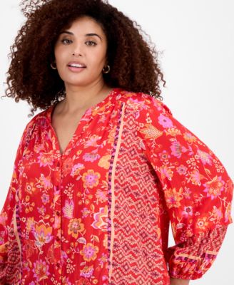 Liverpool Plus Size Printed Blouson-Sleeve Button-Front Blouse
