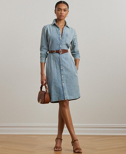 alfani Lauren Ralph Lauren Women's Belted Denim Shirtdress Women's Fashion Shoes & Accessories