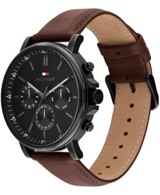 Men's Multifunction Dark Brown Leather Strap Watch, 44mm