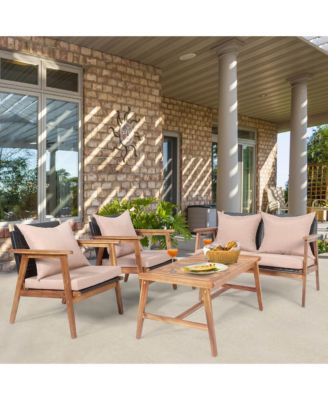 4 Piece Patio Conversation Set Outdoor Furniture Set  w/ Cushions & Wood Frame
