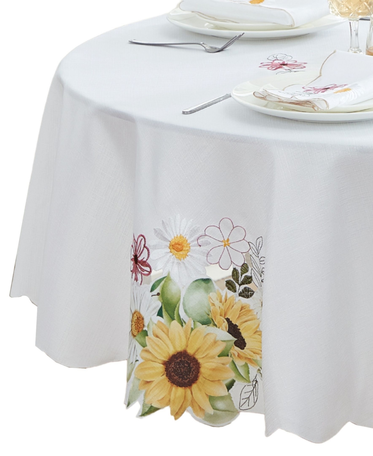 ELRENE SUNFLOWER AND DAISIES CUTWORK TABLECLOTH, 70" ROUND 