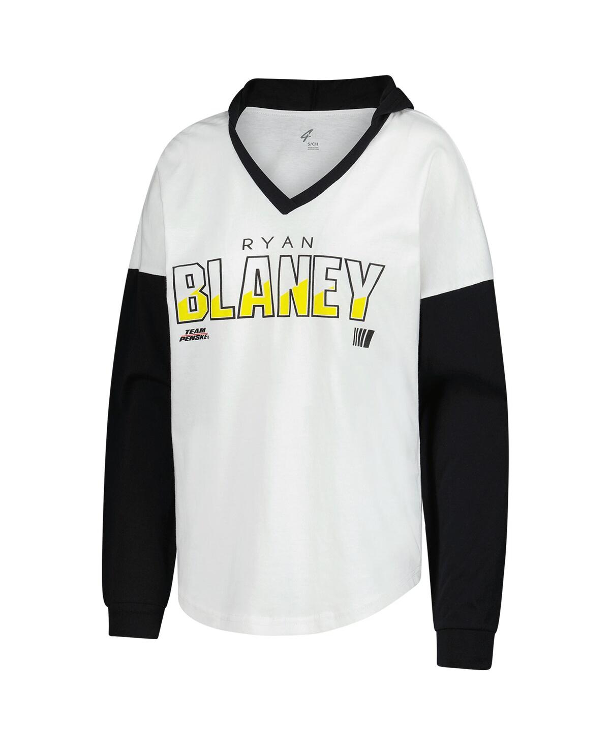 G-iii 4her By Carl Banks Women's White/black Ryan Blaney Bench Player Oversized Long Sleeve Hoodie V-neck T-shirt In White,black