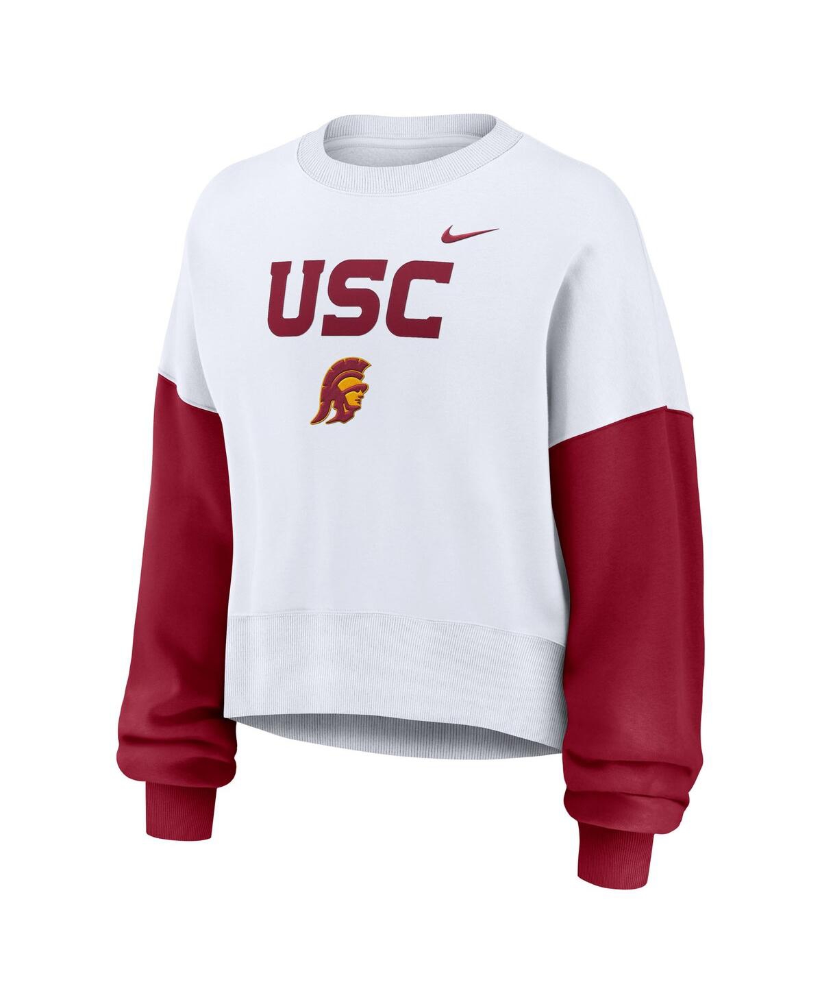 Nike Women's White Usc Trojans Color-block Oversized Cropped Pullover Sweatshirt In White