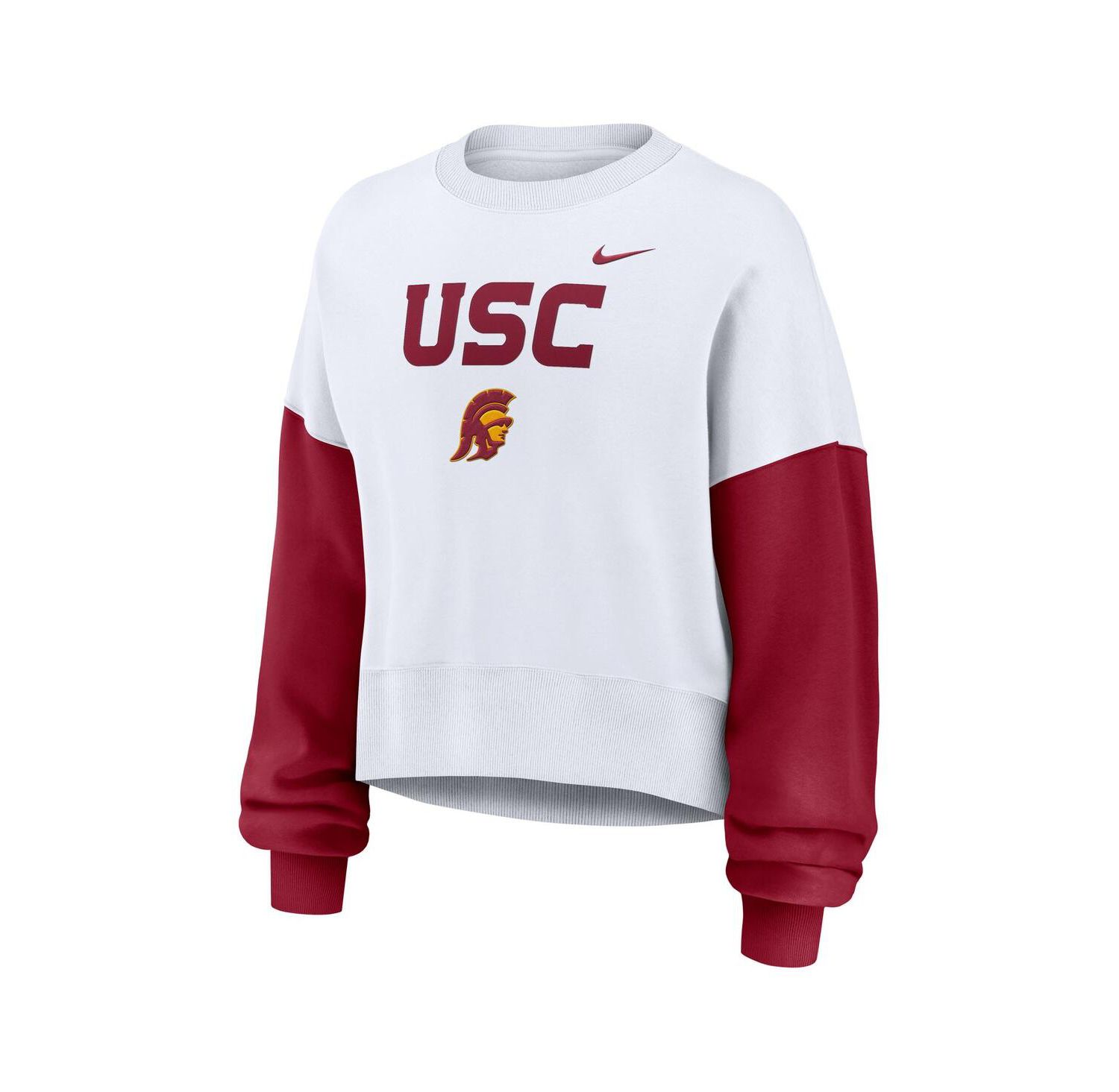 Women's White USC Trojans Color-Block Oversized Cropped Pullover Sweatshirt