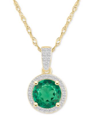 Macy's - Lab-Created Emerald (1-1/4 ct. t.w.) & Lab-Created White Sapphire (1/6 ct. t.w.) Halo 18" Pendant Necklace in 14k Gold