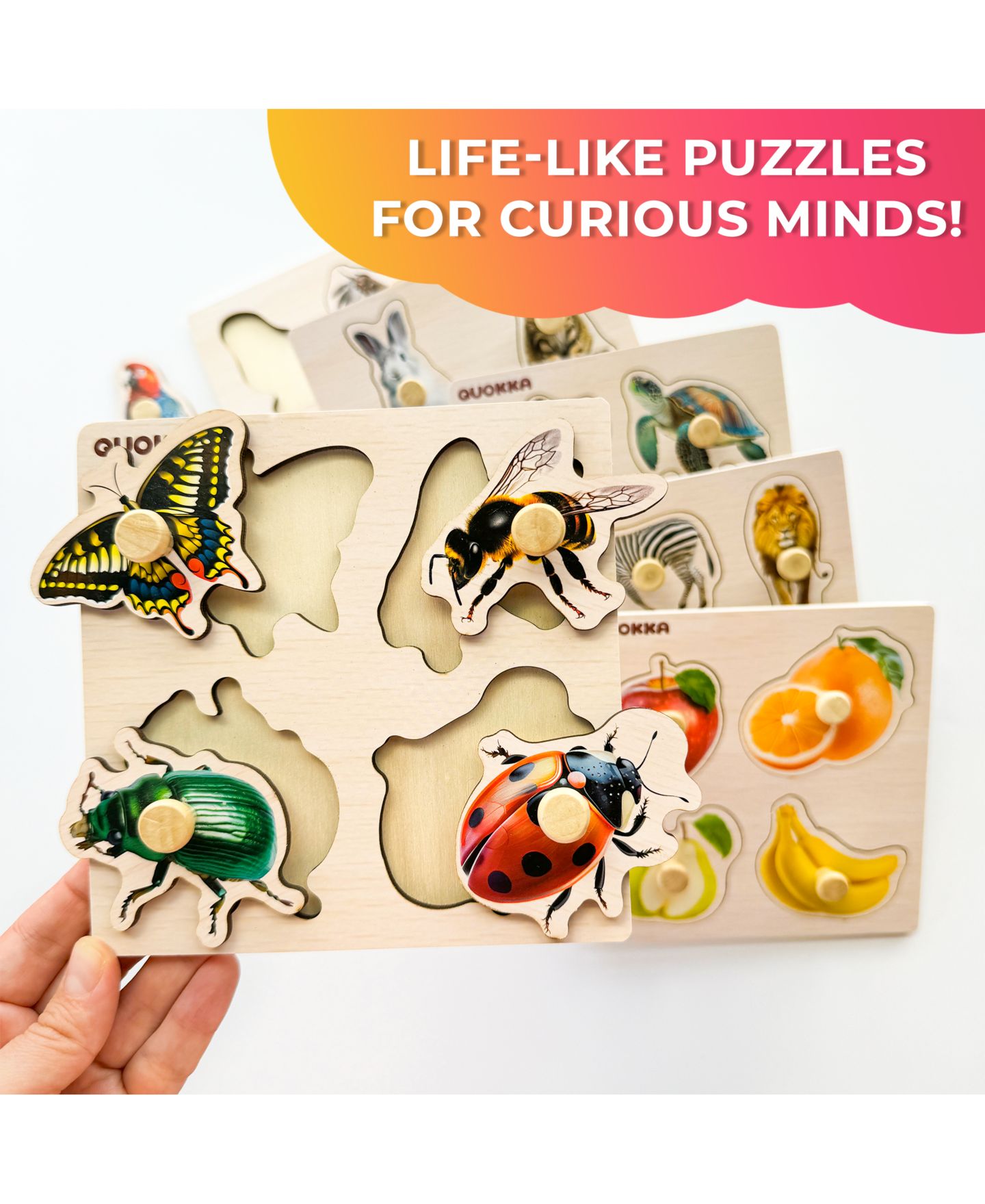 Детский пазл Quokka Wooden Puzzles for Toddlers 1-3 – Pegged Puzzles for Kids, цвет: Fruits And Animals — фото 5